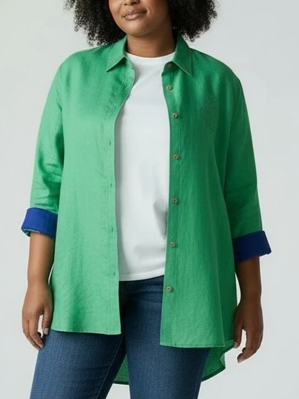 Ralph Lauren Linen Green Button Up Top Blue Contrast Flip Cuffs & Collar Logo